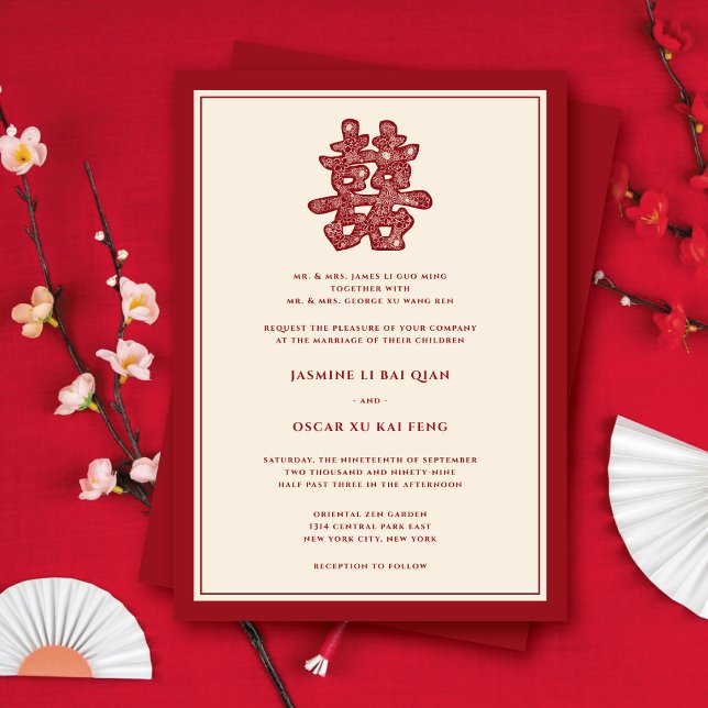Red Floral Double Happiness Modern Chinese Wedding Invitation (Red Floral Paper Cut Double Happiness Modern Chinese Wedding Invite @ zazzle.com/fatfatin_red_knot)
