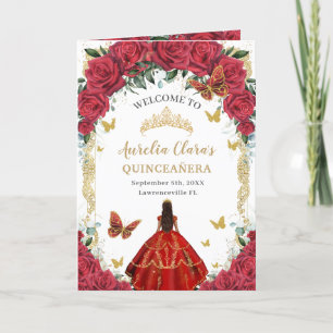 Red Floral Dress Gold Quinceañera Order of Events Programme
