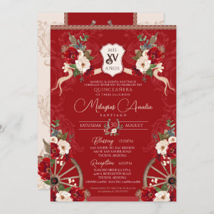 Red Floral Elegant Baroque Charra Quinceañera Invitation
