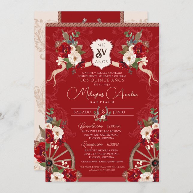 Red Floral Elegant Baroque Charro Quinceanera Invitation (Front/Back)