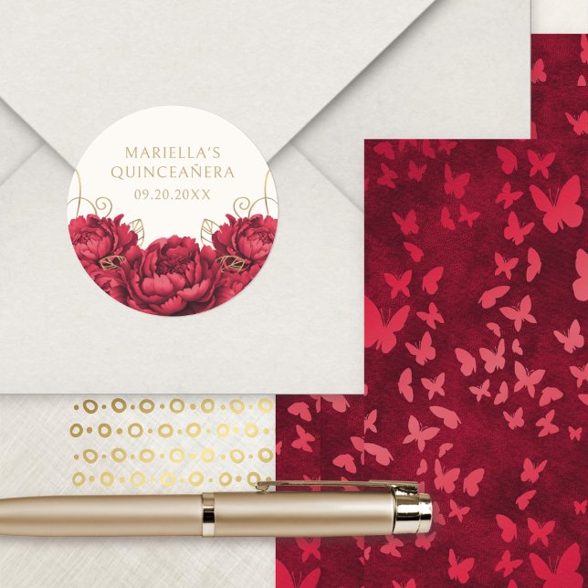 Red Floral Elegant Quinceanera Classic Round Sticker (Creator Uploaded)