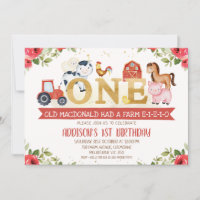 Red Floral Farm Animals First Birthday Invitation
