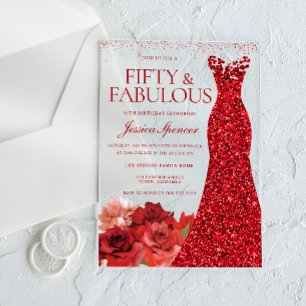 Red Floral Fifty & Fabulous 50th Birthday Party Acrylic Invitations