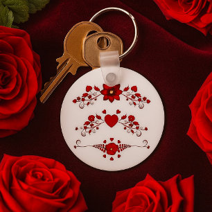Red Floral Flourishes Key Ring