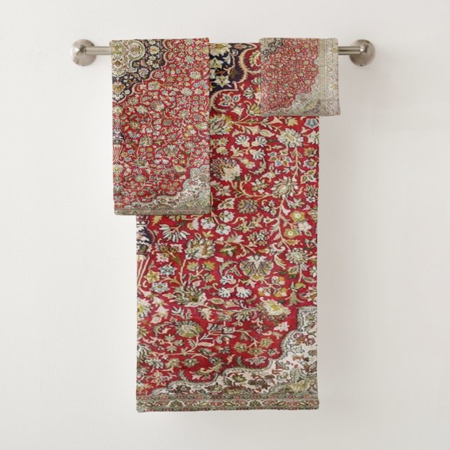 Red floral flower persian turkish pattern elegant  bath towel set (Insitu)