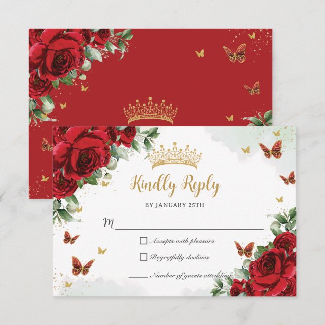 Red Floral Flowers Butterflies Gold Quinceañera RSVP Card (Front/Back)