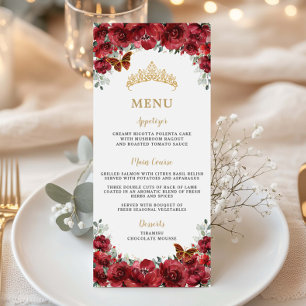 Red Floral Flowers Gold Quinceanera Birthday Menu