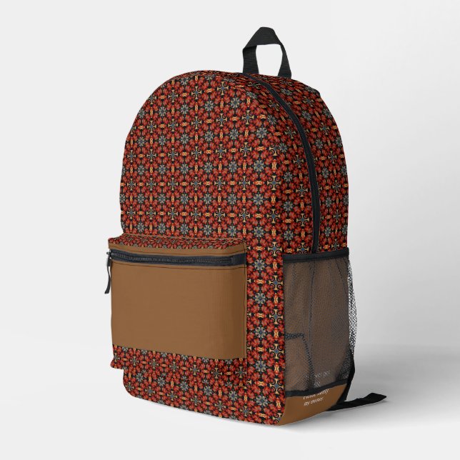 Red floral folk art inspired pattern custom name printed backpack (Back Corner Right)