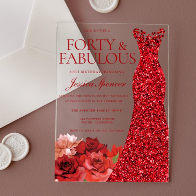 Red Floral Forty & Fabulous 40th Birthday Party Acrylic Invitations (Creator Uploaded)
