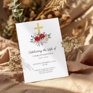 Red Floral Funeral Memorial Celebration of Life Programme