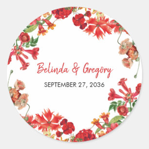 Red Floral Garden Botanical Flowers Wedding  Classic Round Sticker
