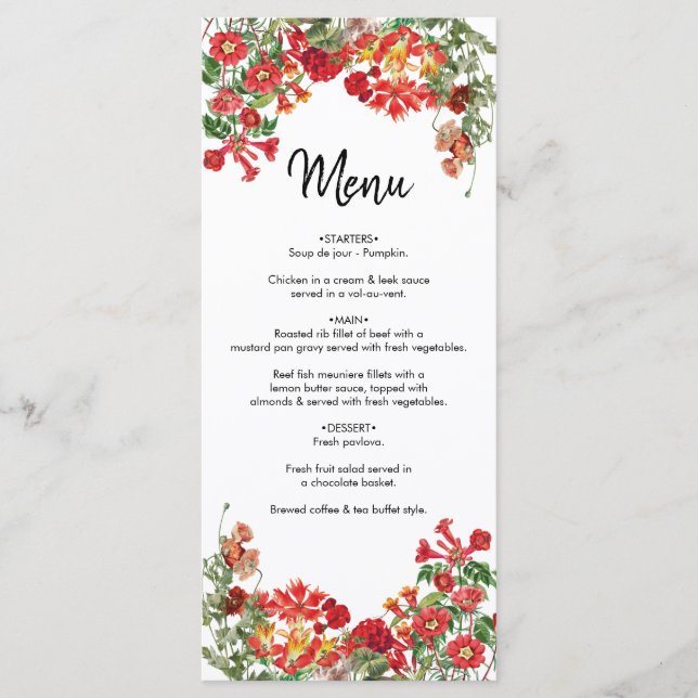 Red Floral Garden Botanical Flowers Wedding  Menu (Front)