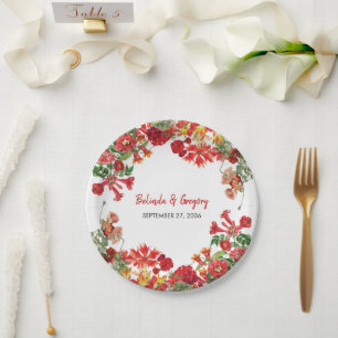 Red Floral Garden Botanical Flowers Wedding  Paper Plate