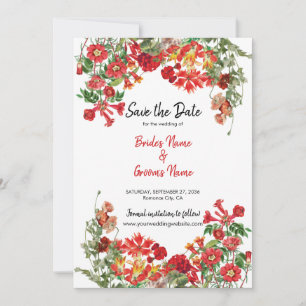 Red Floral Garden Botanical Flowers Wedding Save The Date
