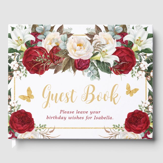 Red Floral Gold Butterflies Photo Quinceañera Guest Book (Front)
