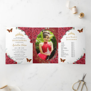 Red Floral Gold Butterflies Quinceañera 15 Photos Tri-Fold Invitation