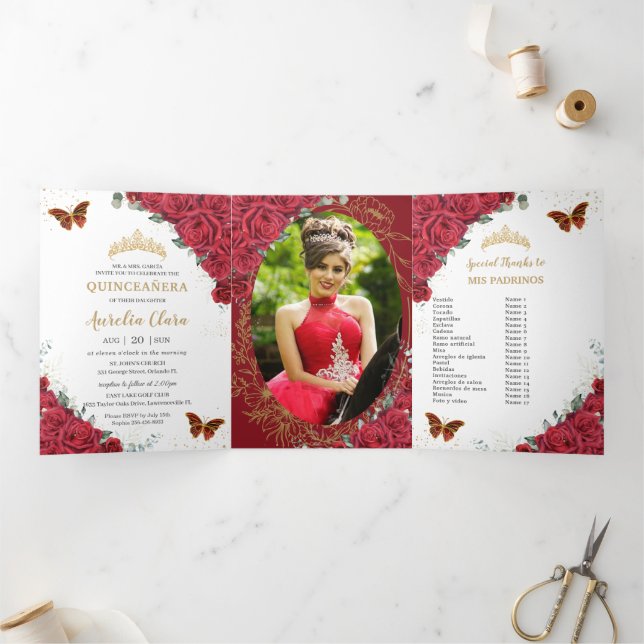Red Floral Gold Butterflies Quinceañera 15 Photos Tri-Fold Invitation (Inside)