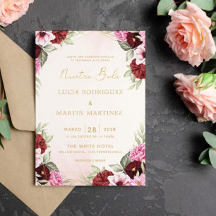 Red Floral Gold Frame Nuestra Boda Invitation
