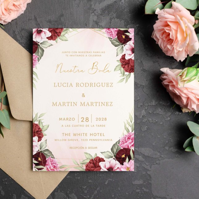 Red Floral Gold Frame Nuestra Boda Invitation (Creator Uploaded)