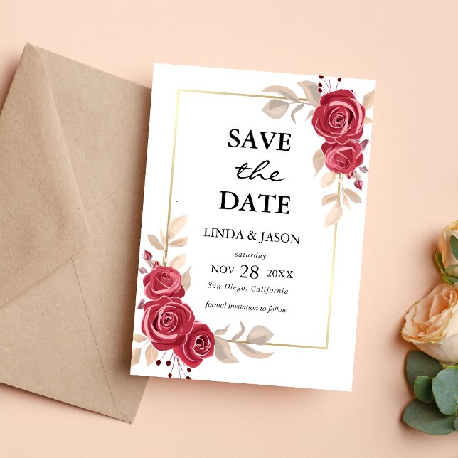 Red Floral Gold Frame Wedding Save The Date Card (Creator Uploaded)