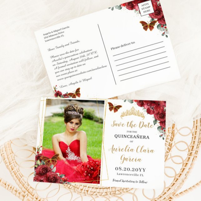 Red Floral Gold Geometric Quinceañera Photograph Announcement Postcard (Creator Uploaded)