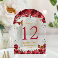 Red Floral Gold Quinceañera XV 16 Table Number