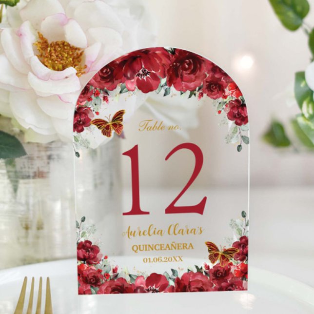 Red Floral Gold Quinceañera XV 16 Table Number (Creator Uploaded)