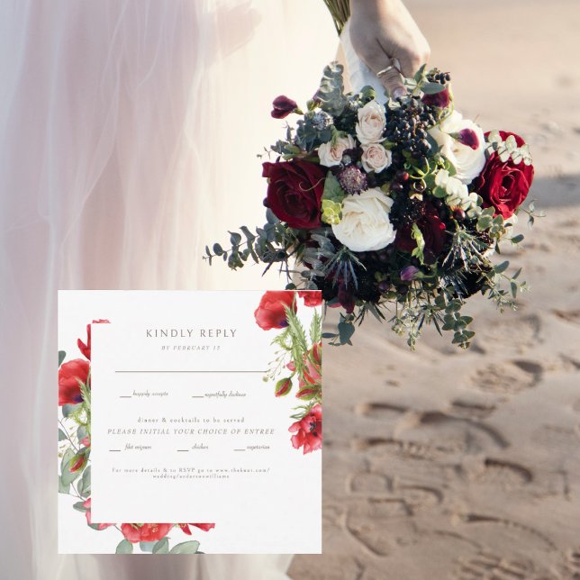 Red Floral Gold Text Wedding Rsvp Flat Card (Creator Uploaded)