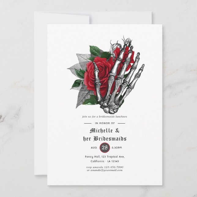 Red Floral Gothic Skulls Bridesmaids Luncheon Invitation (Front)