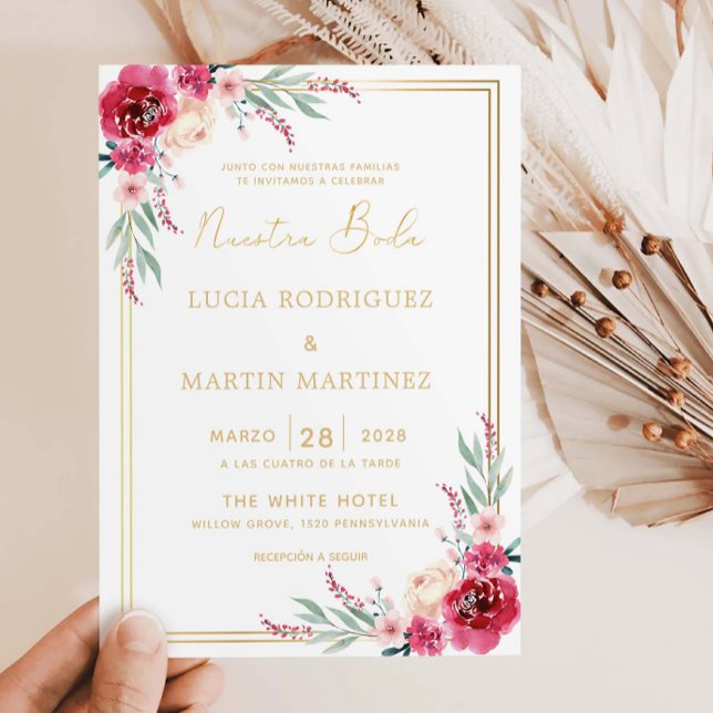 Red Floral Green Leaves Gold Frame Nuestra Boda Invitation (Creator Uploaded)