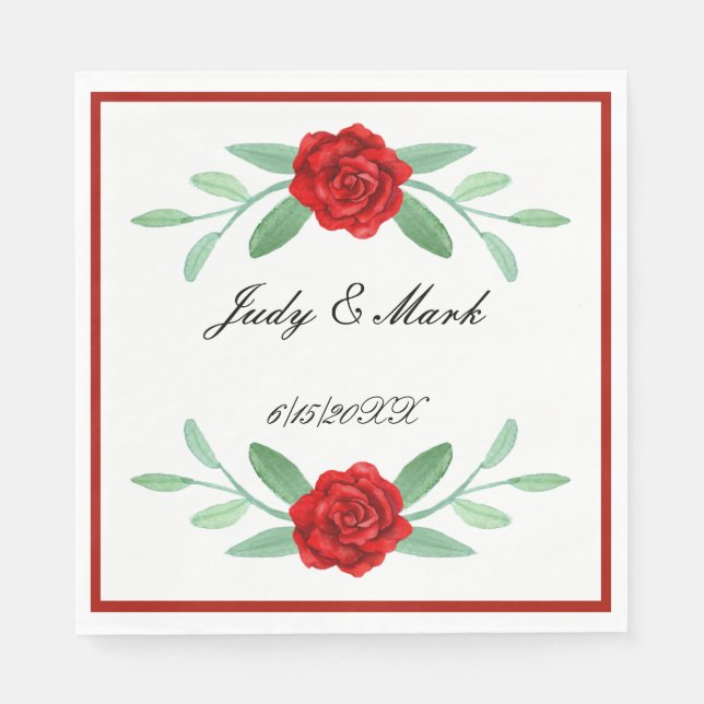 Red Floral Greenery Foliage Paper Napkins (Front)