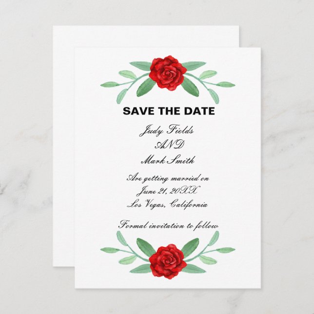 Red Floral Greenery Foliage Save The Date Card (Front/Back)