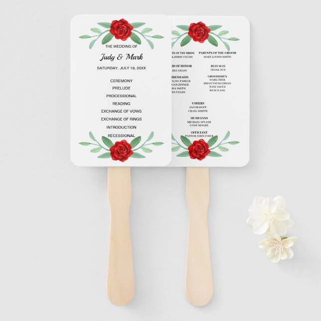 Red Floral Greenery Foliage Wedding Program Fans (Front and Back)