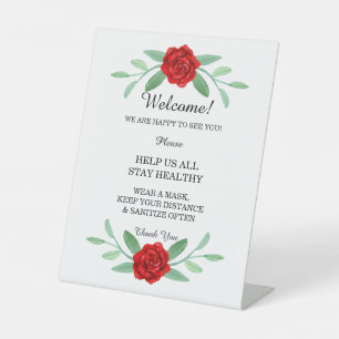 Red Floral Greenery Foliage Wedding Safety Pedestal Sign