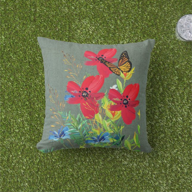 Red Floral Grey Burlap  Cushion (Grass)