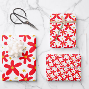 Red Floral Hand-Drawn Christmas Holidays Set of Wrapping Paper Sheet