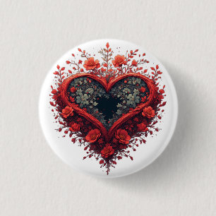 Red Floral Heart Design With Blooming Flowers 3 Cm Round Badge