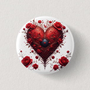 Red Floral Heart Design With Blooming Flowers 3 Cm Round Badge
