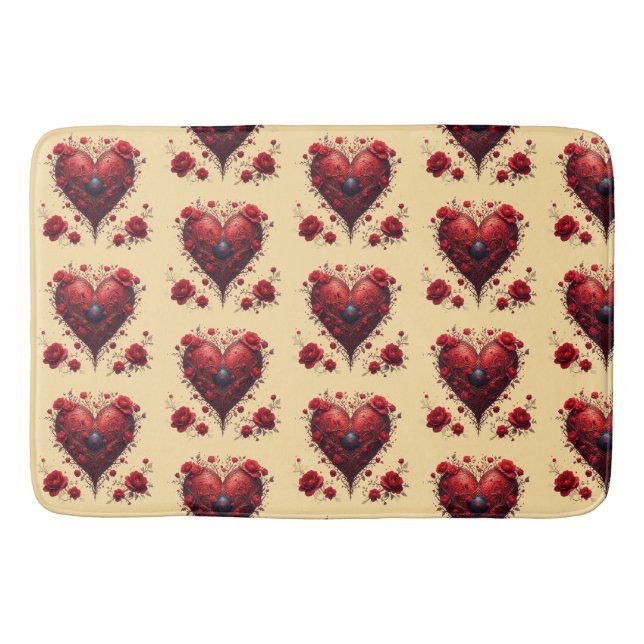 Red Floral Heart Design With Blooming Flowers Bath Mat (Front)