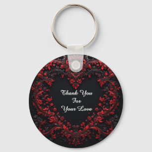 Red Floral Heart Design With Blooming Flowers Key Ring