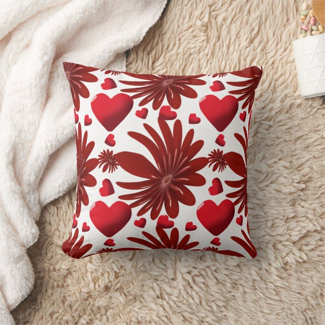 Red Floral Heart Pattern Aesthetic Romantic Flower Cushion (Blanket)