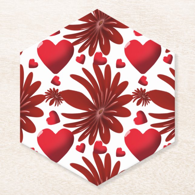 Red Floral Heart Pattern Aesthetic Romantic Flower Paper Coaster (Front)