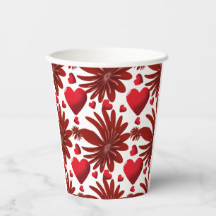 Red Floral Heart Pattern Aesthetic Romantic Flower Paper Cups