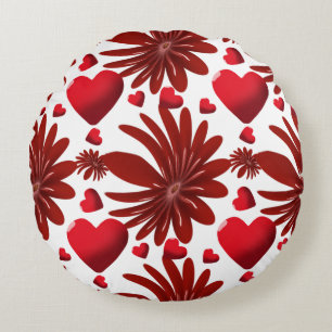 Red Floral Heart Pattern Aesthetic Romantic Flower Round Cushion