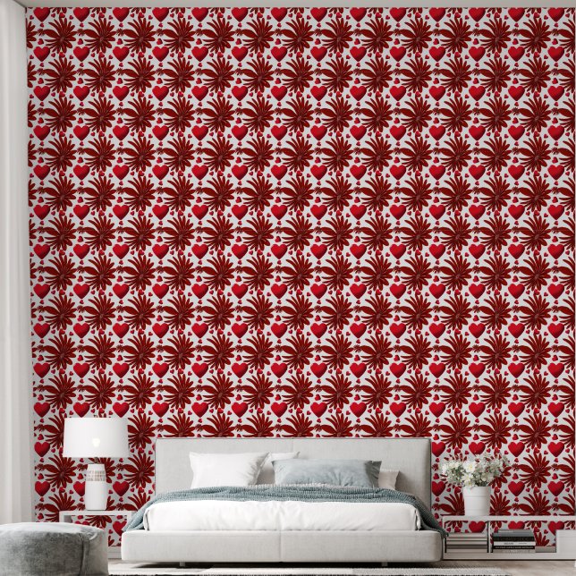 Red Floral Heart Pattern Aesthetic Romantic Flower Wallpaper (Bedroom)