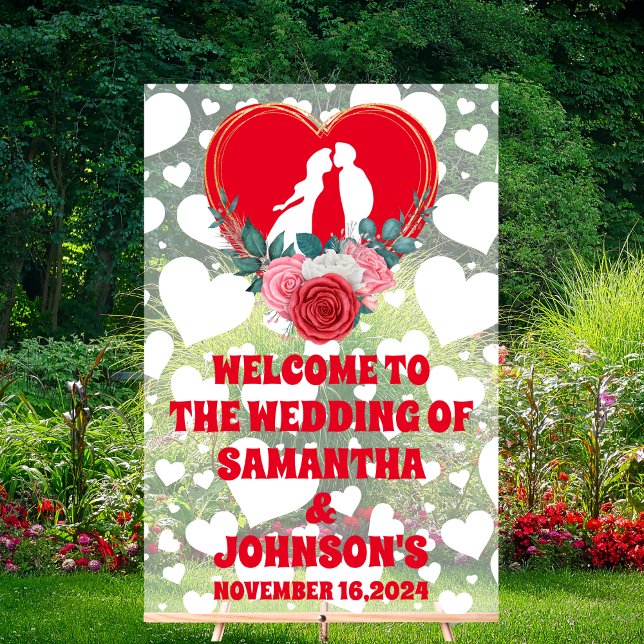 Red Floral Heart Wedding Welcome Frosted Acrylic Sign (Creator Uploaded)