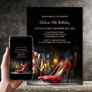 Red Floral High Heel Shoes Birthday Party Invitation