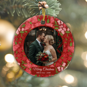 Red Floral Holiday Personalised Photo  Ceramic Tree Decoration