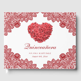 Red Floral Lace Rustic 15th Birthday Quinceañera Guest Book