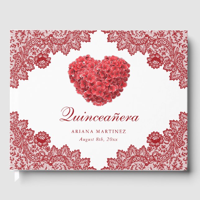 Red Floral Lace Rustic 15th Birthday Quinceañera Guest Book (Front)